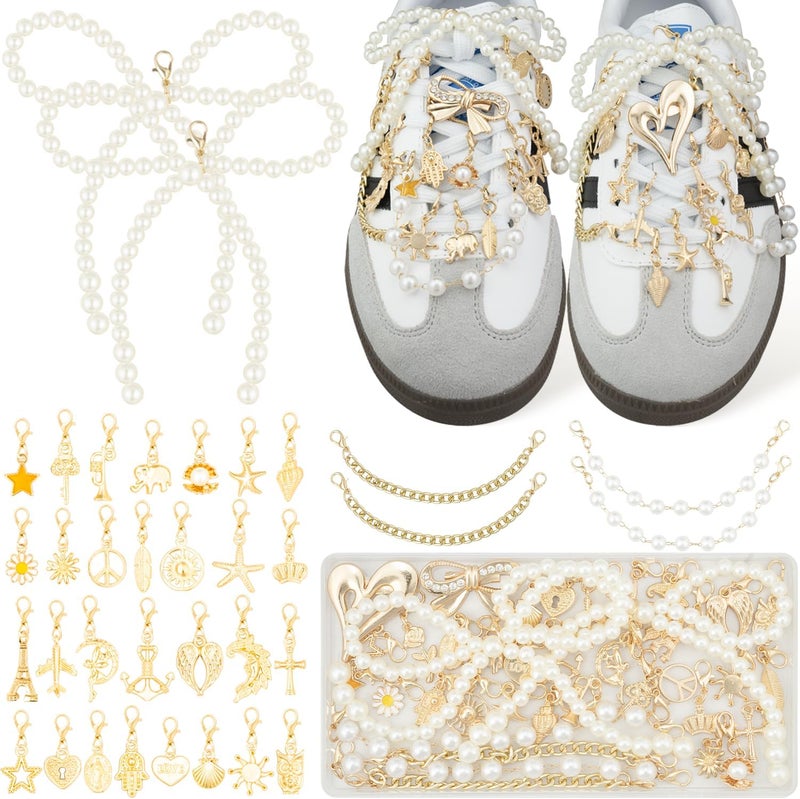 Deinduser 38 Pcs Shoe Charms Kit, Gold Shoe Charms for Sneakers, Gold and Pearl Shoelace Charm for Sneakers, Shell Charm for Shoes, Cute Shoelace Decorations for Personalized Style - Image 1